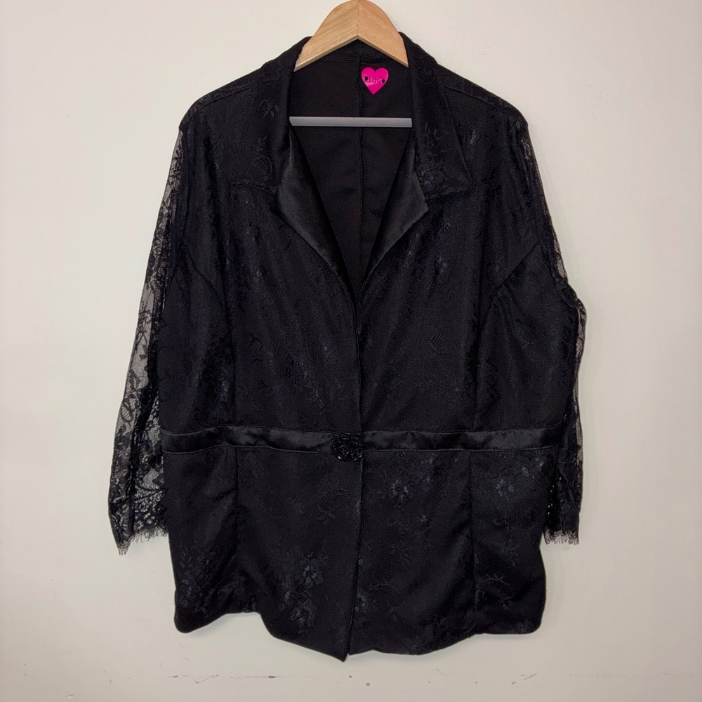 344 RL&Co Lace Blazer Women Plus Black Floral Rhinestone Rose Sheer Sleeve